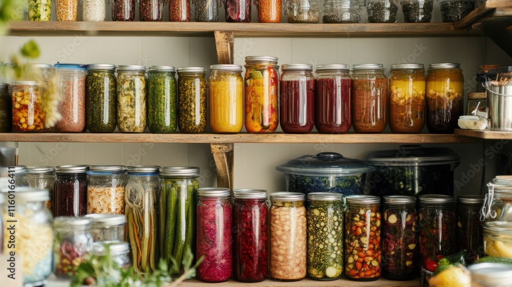 A meticulously arranged home fermentation and pickling pantry, Jars of fermenting vegetables and preserving tools, Artisanal preservation style A meticulously arranged home fermentation and pickling pantry, Jars of fermenting vegetables and preserving tools, Artisanal preservation style