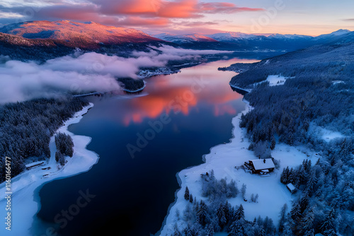 Atemberaubender Wintermorgen über einem alpinen See mit schneebedeckten Bergen und reflektierendem Sonnenaufgang
 photo