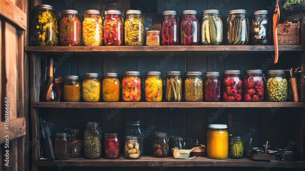 A meticulously arranged home fermentation and pickling pantry, Jars of fermenting vegetables and preserving tools, Artisanal preservation style A meticulously arranged home fermentation and pickling pantry, Jars of fermenting vegetables and preserving tools, Artisanal preservation style