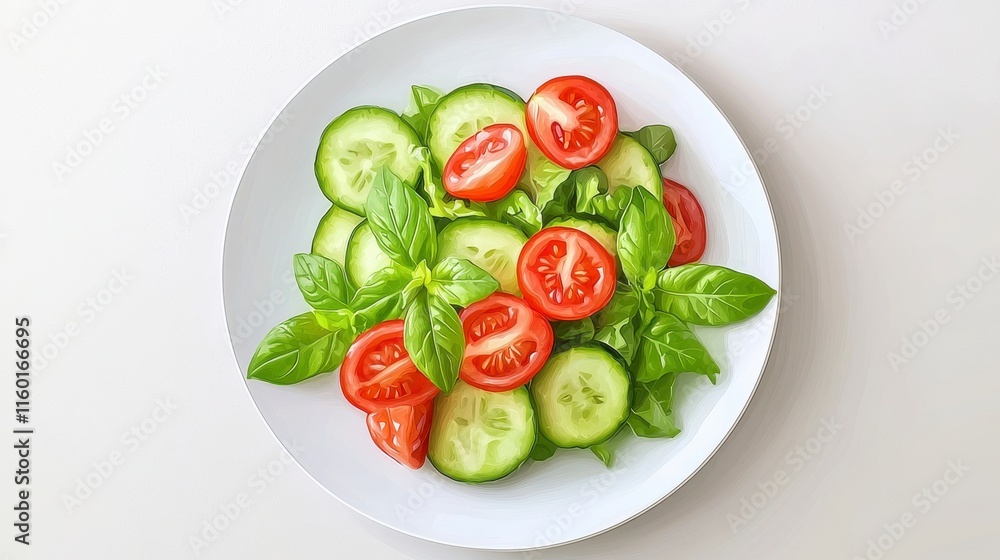 Fresh Basil, Tomato, and Cucumber Salad on White Plate with Natural Lighting Fresh Basil, Tomato, and Cucumber Salad on White Plate with Natural Lighting