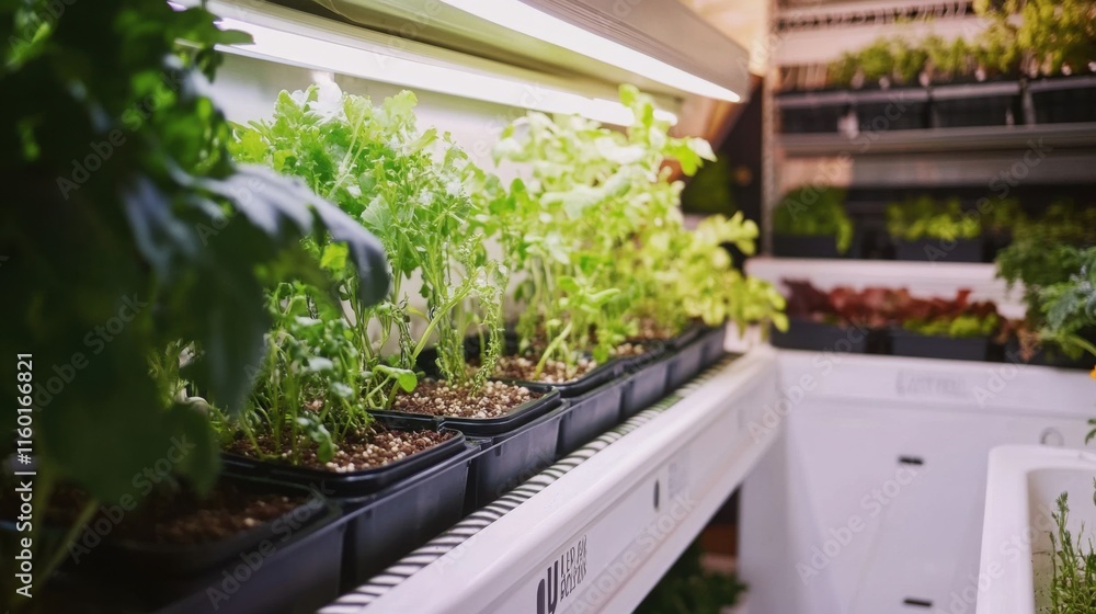 A meticulously arranged hydroponic gardening setup, Plants and nutrient systems in high-tech cultivation, Urban farming style A meticulously arranged hydroponic gardening setup, Plants and nutrient systems in high-tech cultivation, Urban farming style
