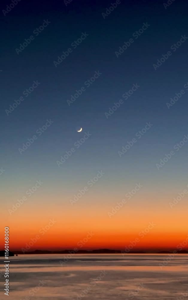 Sunset night sky beach crescent moon and birds Sunset night sky beach crescent moon and birds