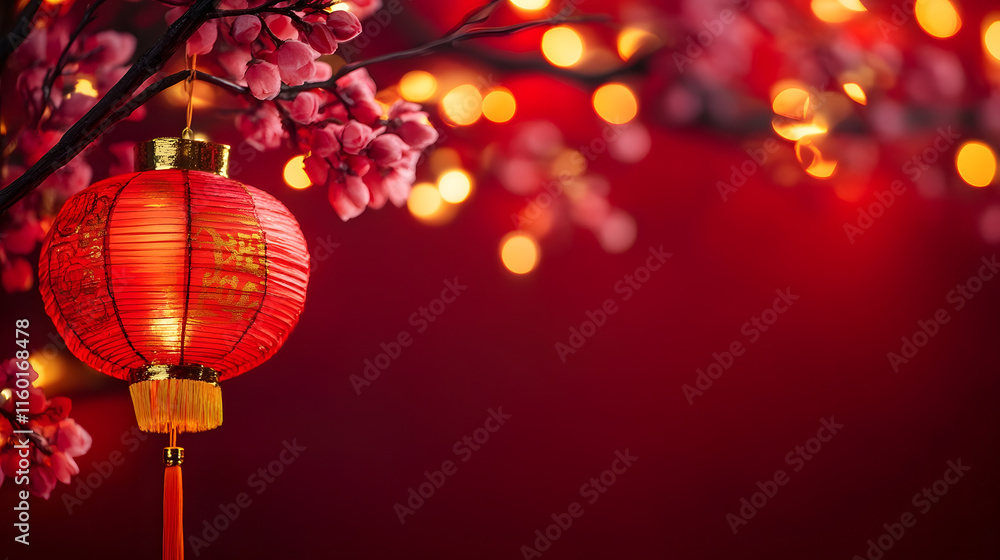 Obraz premium Illuminated Red Lantern and Cherry Blossoms Creating Festive Ambiance : Generative AI