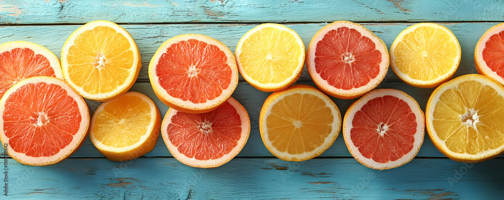 A colorful arrangement of citrus fruits, showcasing grapefruit and lemon halves on a wooden surface. A colorful arrangement of citrus fruits, showcasing grapefruit and lemon halves on a wooden surface.