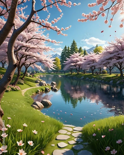 Beautiful park view with cherry trees and small lake, cartoon