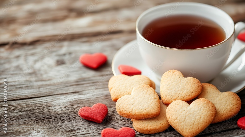 Heart-shaped cookies and tea on rustic wooden table Heart-shaped cookies and tea on rustic wooden table