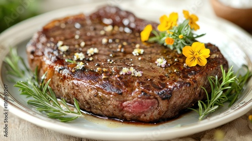 Grilled ribeye steak with rosemary and flowers. photo