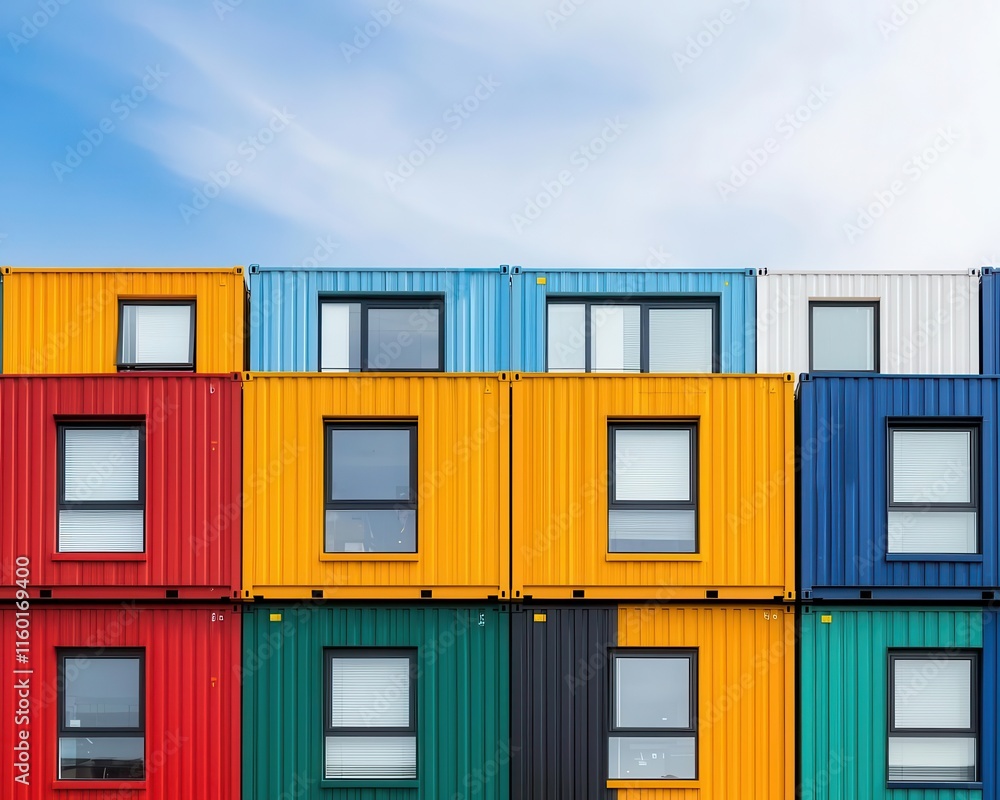 A vibrant container housing project with bold colors, midconstruction in a cityscape A vibrant container housing project with bold colors, midconstruction in a cityscape