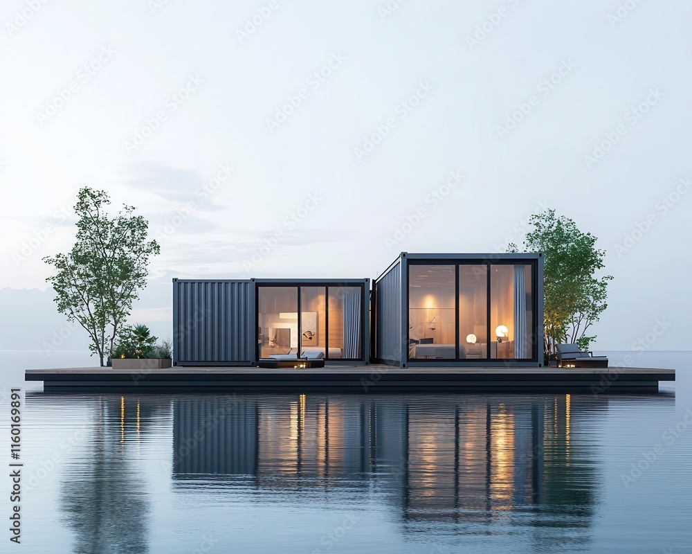 Fototapeta premium A waterfront container residential project in progress, blending functionality with scenic views
