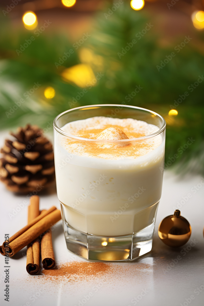Festive Holiday Eggnog with Cinnamon Stick Garnish and Ingredients in a Cozy Christmas Setting Festive Holiday Eggnog with Cinnamon Stick Garnish and Ingredients in a Cozy Christmas Setting