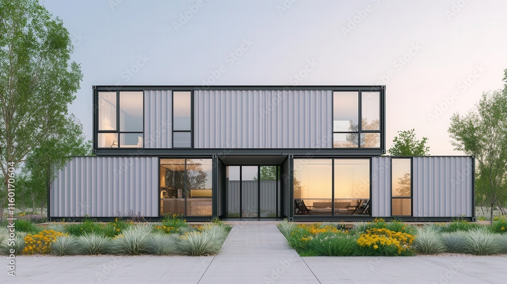 Architectural rendering of a container residence under construction, blending steel and glass elements Architectural rendering of a container residence under construction, blending steel and glass elements