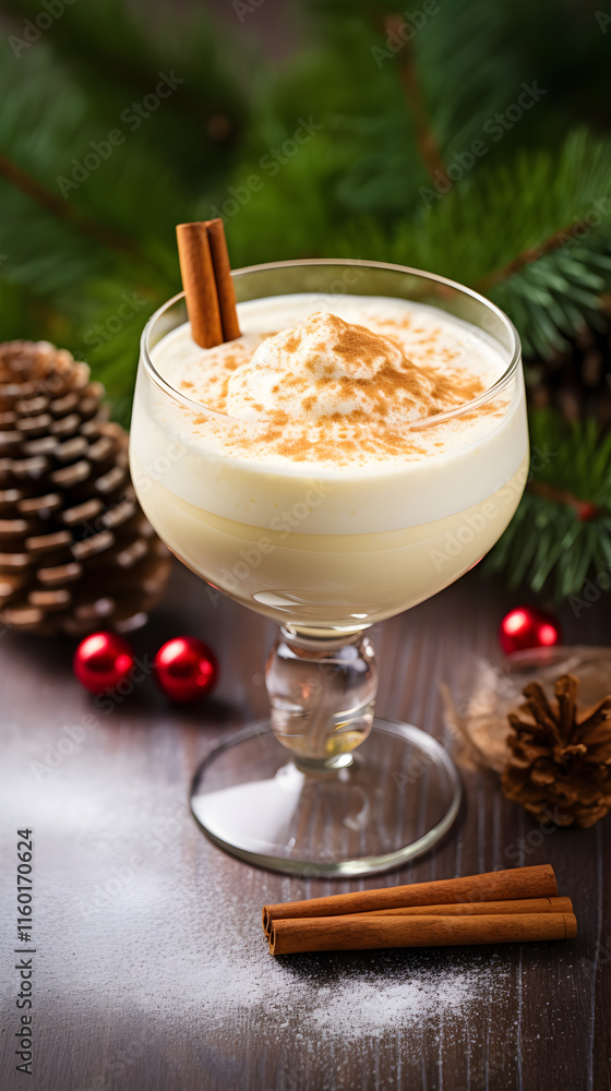 Festive Holiday Eggnog with Cinnamon Stick Garnish and Ingredients in a Cozy Christmas Setting Festive Holiday Eggnog with Cinnamon Stick Garnish and Ingredients in a Cozy Christmas Setting