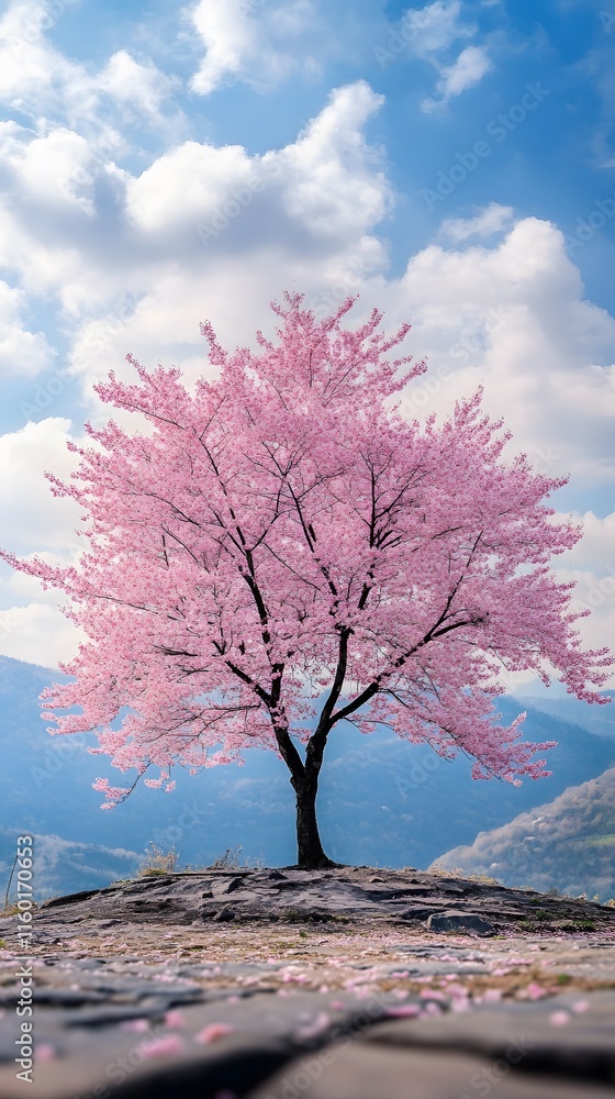 A magnificent and beautiful cherry blossom tree standing alone, with a beautiful view A magnificent and beautiful cherry blossom tree standing alone, with a beautiful view