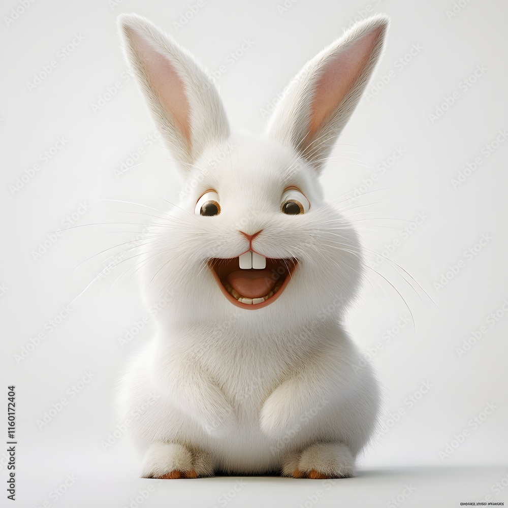 Fototapeta premium A happy white bunny sits smiling broadly.