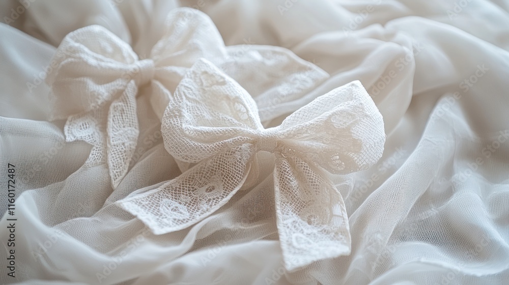 Two delicate white lace bows on sheer fabric. Two delicate white lace bows on sheer fabric.