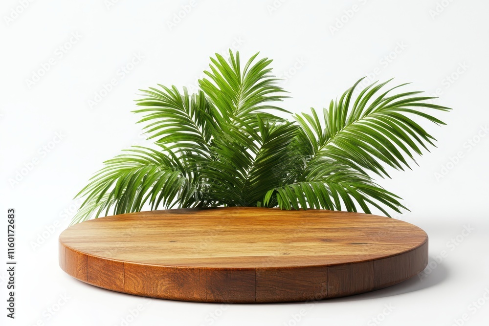 Wooden round podium with tropical palm leaves. (1) Wooden round podium with tropical palm leaves. (1)