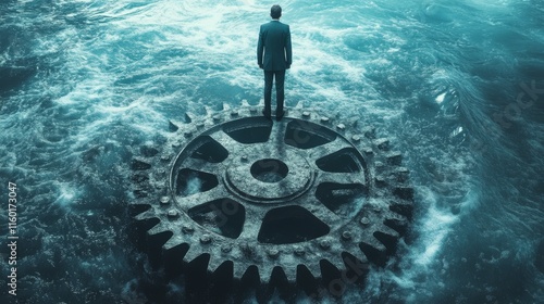 Declining industries as a businessman sinks atop a gear. Failure and outdated technology concept.