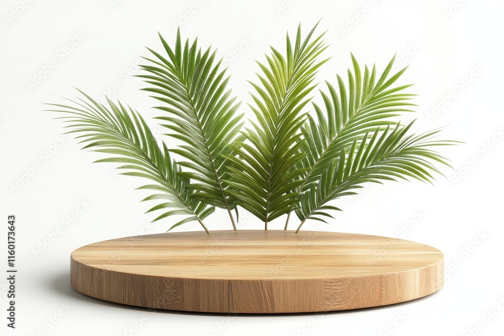 Wooden round platform with tropical leaves. (1) Wooden round platform with tropical leaves. (1)