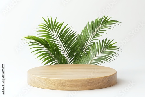 Wooden podium with tropical palm leaves. (4) photo