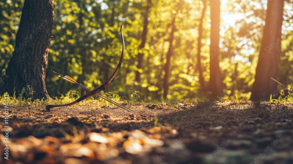 A peaceful archery setup amidst a forest clearing, Bow and arrows set in perfect alignment, Nature-inspired rustic style A peaceful archery setup amidst a forest clearing, Bow and arrows set in perfect alignment, Nature-inspired rustic style