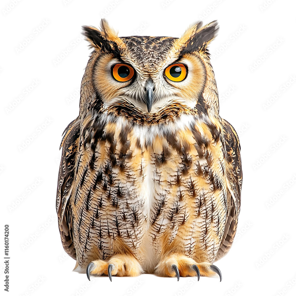 Obraz premium Front view full body shot of an extremely perfect looking single Eurasian Eagle Owl bird isolated on a white transparent background