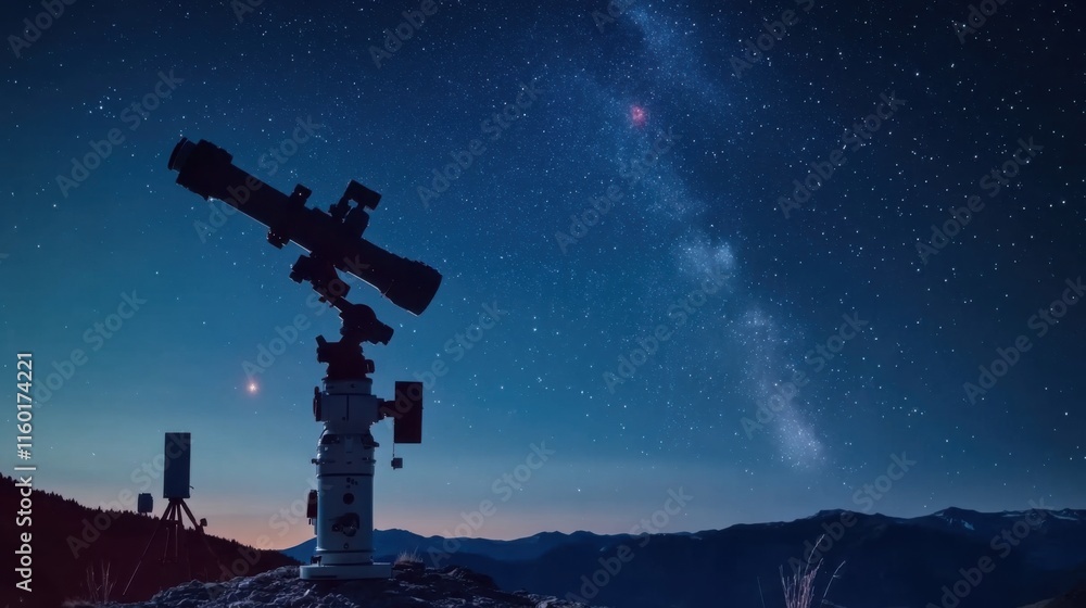 Fototapeta premium A peaceful astronomy observatory with telescopes and star charts, Telescopes aligned under a clear night sky, Astronomical observatory style