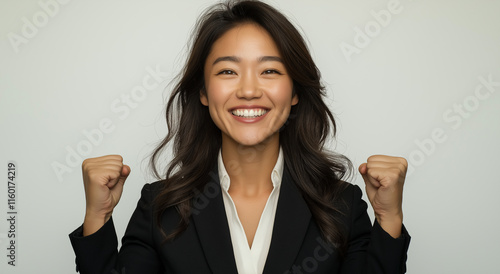 A photograph of an Asian woman in professional attire, smiling and celebrating with her fists raised high against a white background. She is wearing a black suit jacket over an off photo