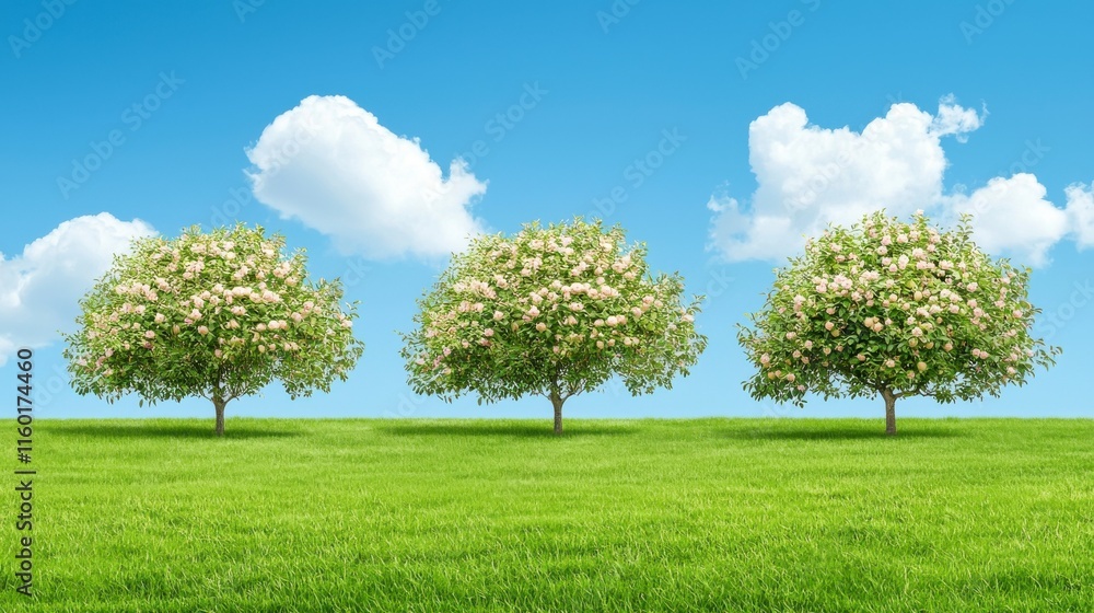 Beautiful Blossom Trees Surrounded by Lush Green Grass Under a Clear Blue Sky Beautiful Blossom Trees Surrounded by Lush Green Grass Under a Clear Blue Sky