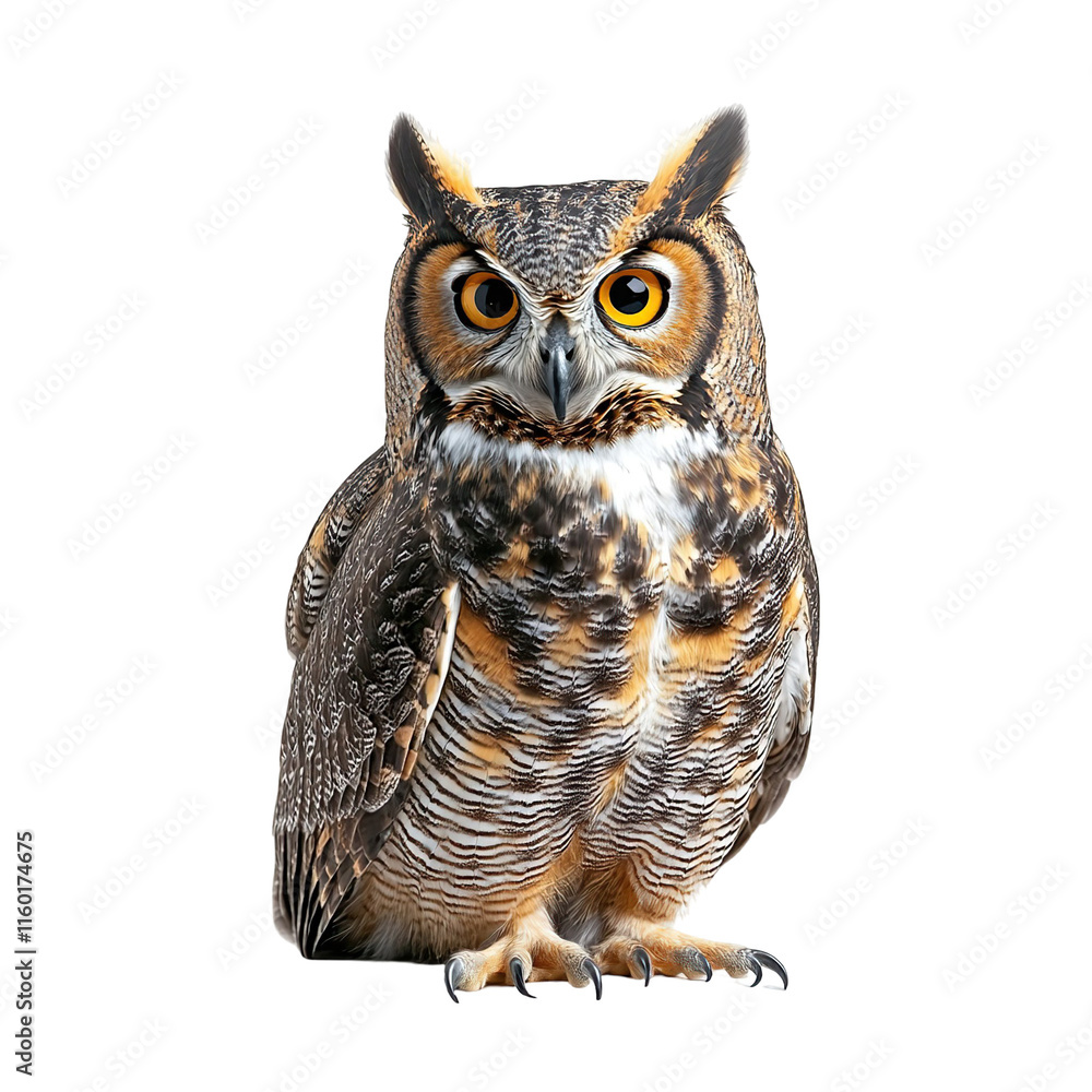 Fototapeta premium Front view full body shot of an extremely perfect looking single Great Horned Owl bird isolated on a white transparent background