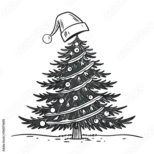 Christmas tree with Santa hut white illustration 