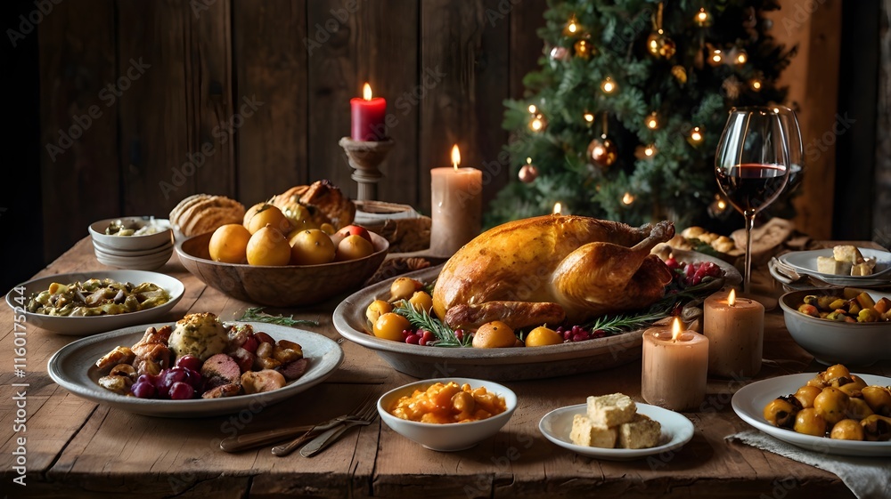 Rustic Table with Gourmet Holiday Feast Thanksgiving country dinner breakfast lunch healthy food event celebrate christmas holiday food. Rustic Table with Gourmet Holiday Feast Thanksgiving country dinner breakfast lunch healthy food event celebrate christmas holiday food.
