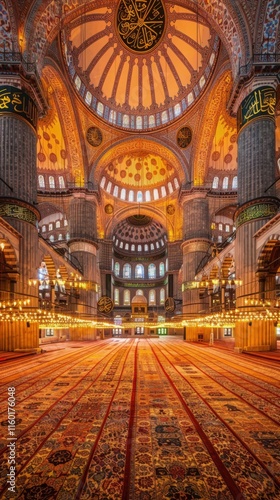 Magnificent Interior of the Sultan Ahmed Mosque in Istanbul: A Symphony of Domes, Columns, and Carpets photo