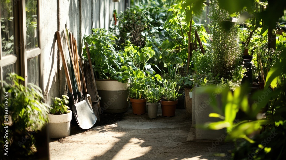 Fototapeta premium A peaceful gardening workshop with gardening tools and plants, Gardening tools arranged in a botanical workshop, Botanical workshop style