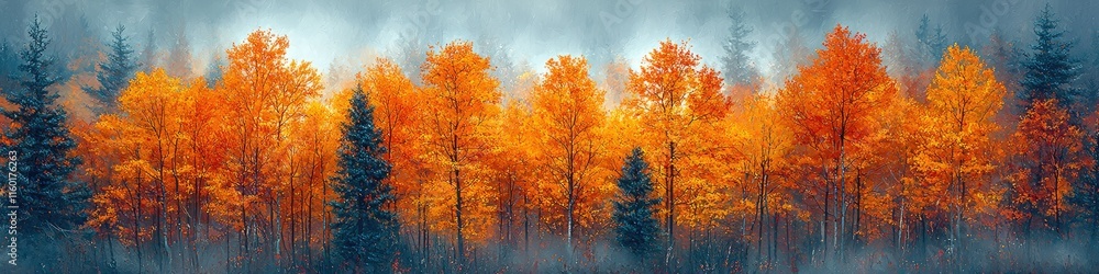 A serene forest scene with vibrant autumn foliage against a misty background. A serene forest scene with vibrant autumn foliage against a misty background.