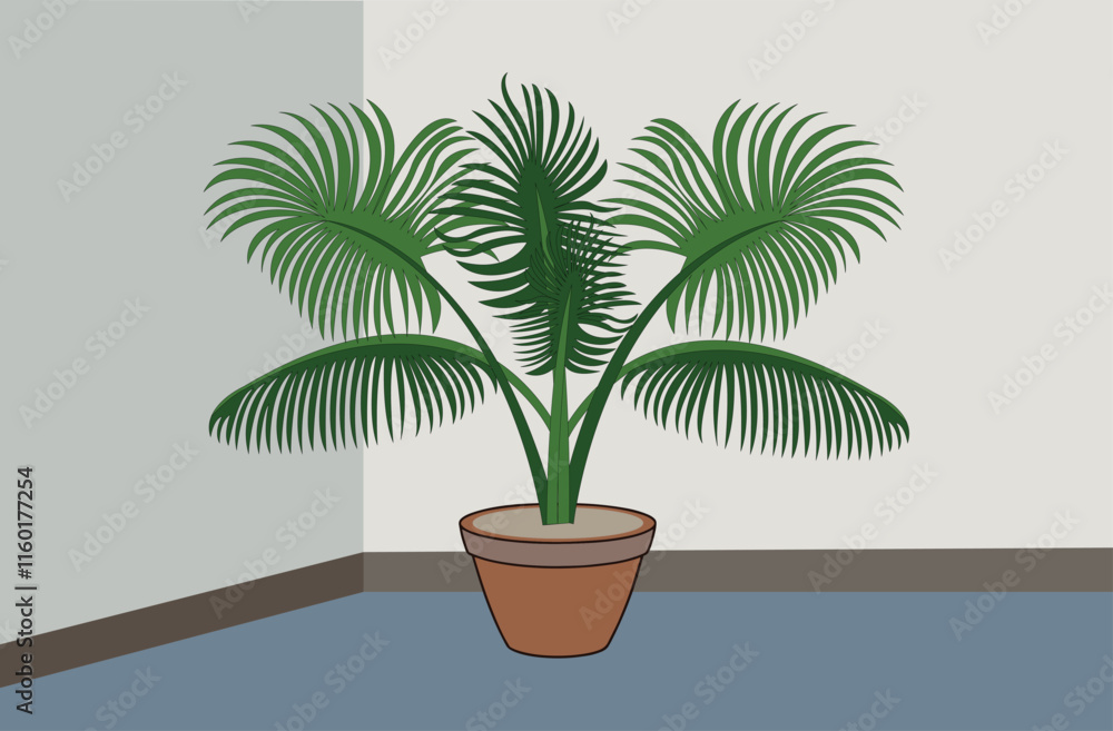 Fototapeta premium Indoor palm plant in a terracotta pot - decorative tropical foliage for modern home or office decor