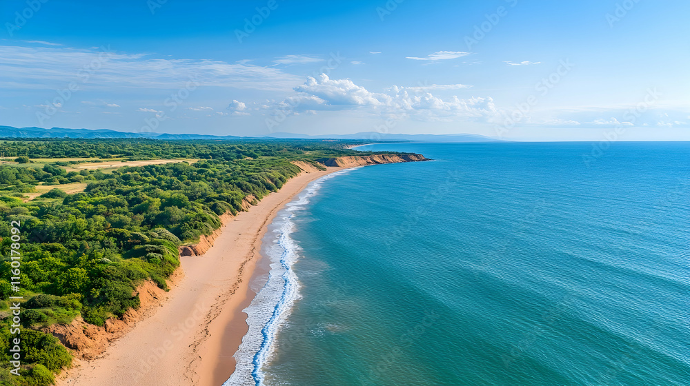 Aerial view of pristine beach, turquoise ocean, lush coastline, sunny sky, travel brochure. Aerial view of pristine beach, turquoise ocean, lush coastline, sunny sky, travel brochure.