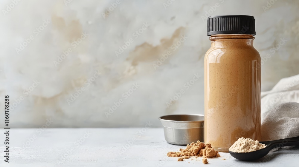 Protein powder container and measuring spoon on a marble surface Protein powder container and measuring spoon on a marble surface
