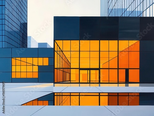 A glasswalled modern bank building glowing with reflections, painted in layered acrylic photo