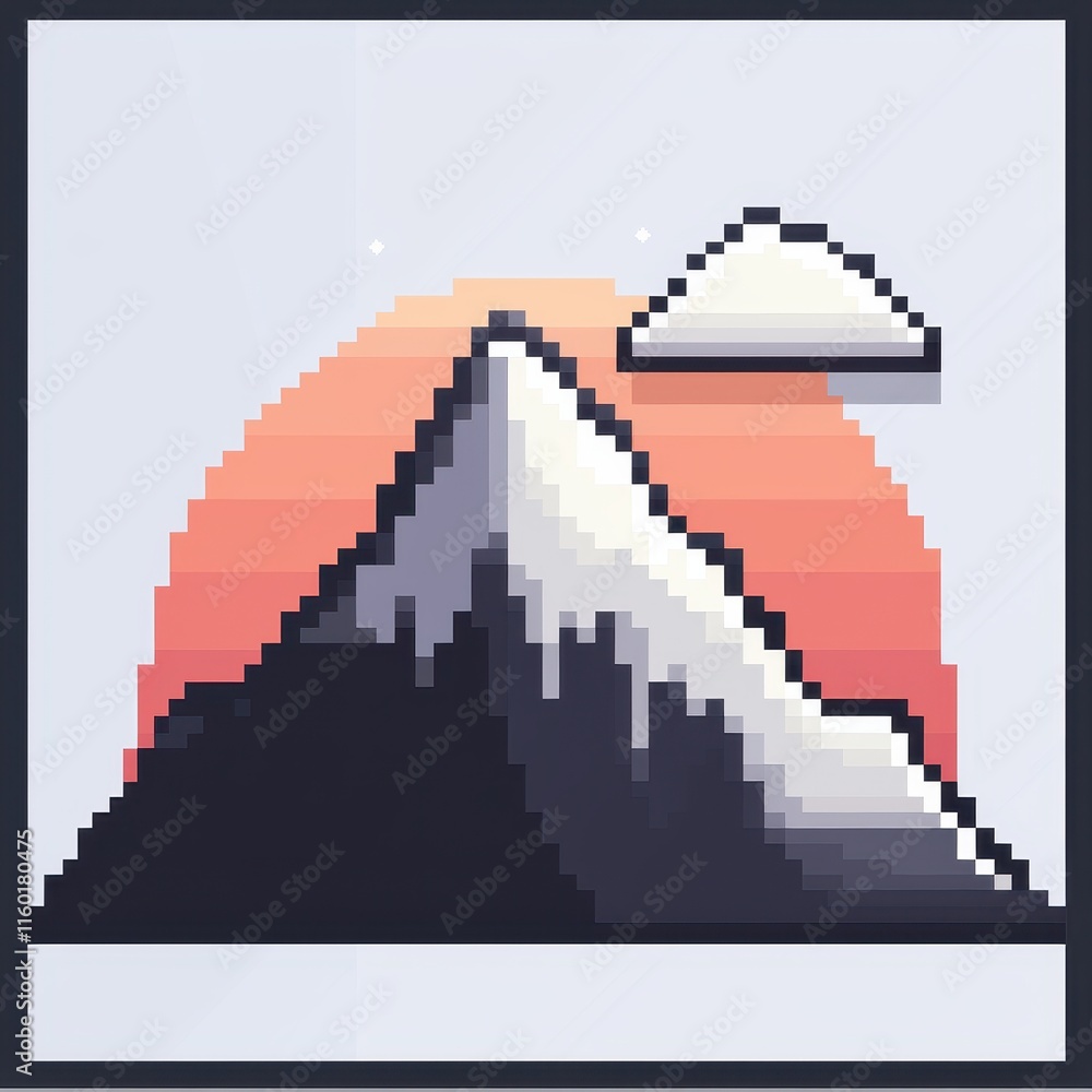 Fototapeta premium A delightful 8-bit pixel art of a glowing pixelated mountain range with tiny pixelated climbers, sparkling peaks, and pixelated clouds, set on a pastel orange and blue background for an adventurous