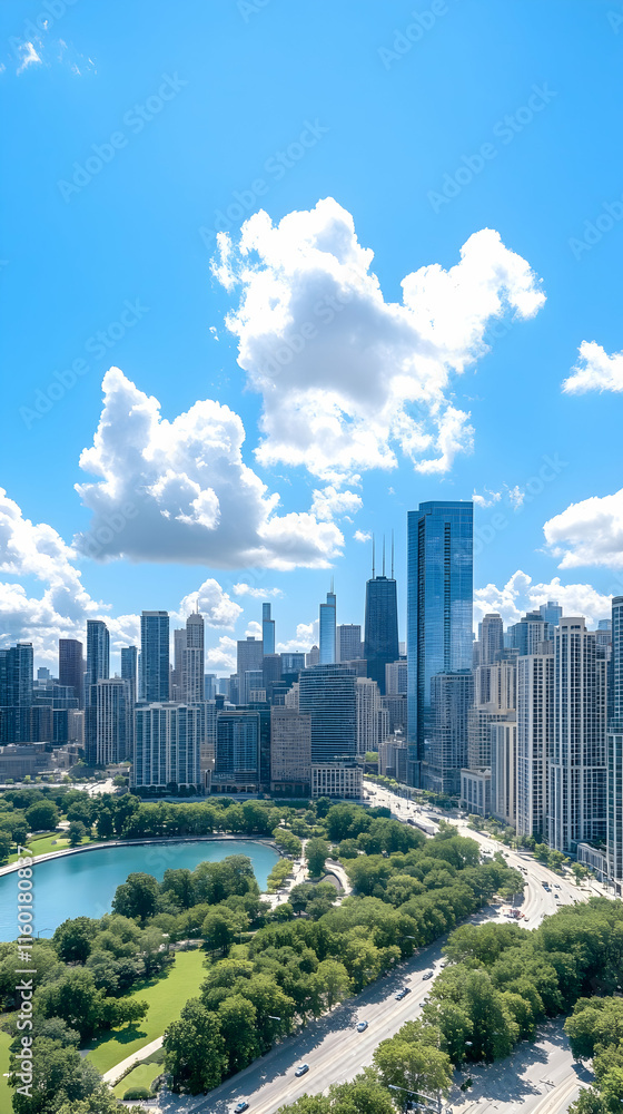 Fototapeta premium Chicago Skyline Summer Aerial View Lake, Park, Road, Cityscape, Tourism.