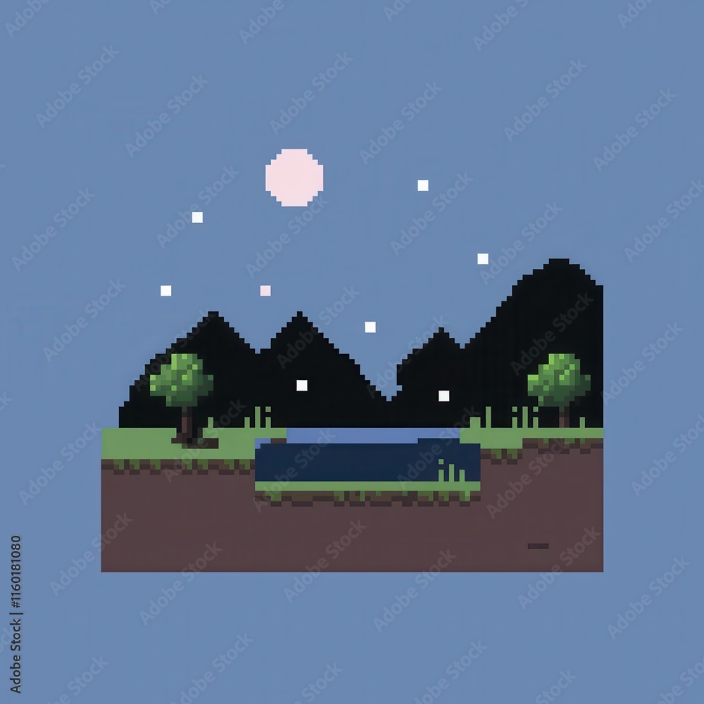 A detailed 8-bit pixel art of a serene moonlit lake with glowing water ripples, surrounded by pixelated stars and trees, set on a pastel blue background for a tranquil night scene. A detailed 8-bit pixel art of a serene moonlit lake with glowing water ripples, surrounded by pixelated stars and trees, set on a pastel blue background for a tranquil night scene.