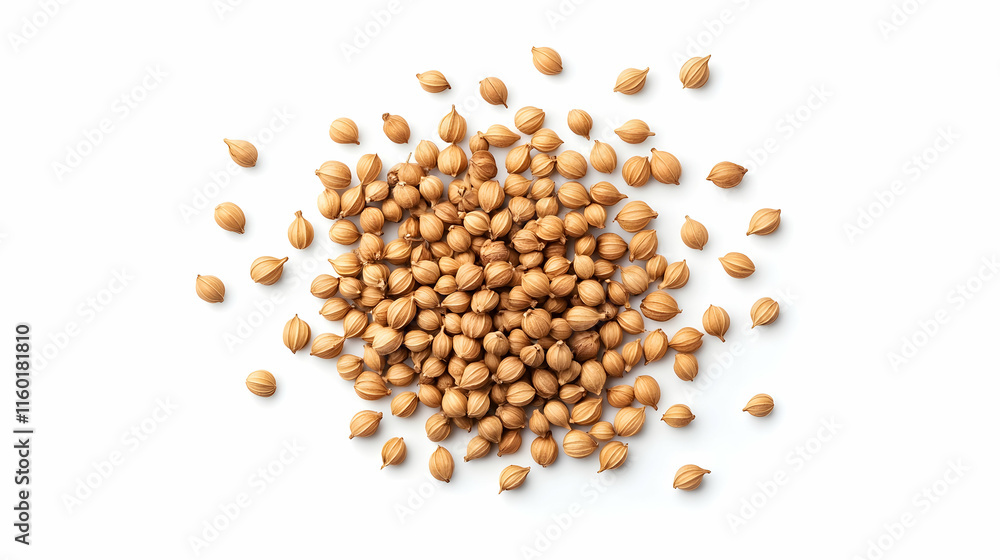 Coriander seeds scattered on white background, food ingredient, cooking, recipe, spice. Coriander seeds scattered on white background, food ingredient, cooking, recipe, spice.