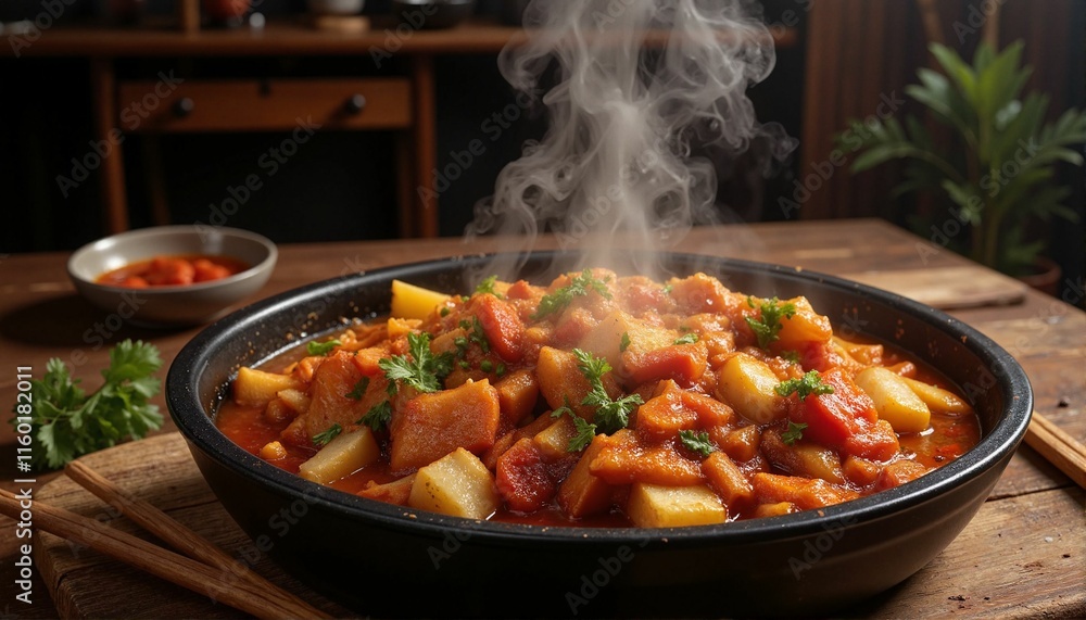 Steaming kimchi stew in cozy kitchen, comfort food delight Steaming kimchi stew in cozy kitchen, comfort food delight