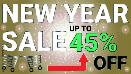 New year sale up to 45 percent off banner with Dark Moccasin and white radial background and sunburst starburst celebration theme