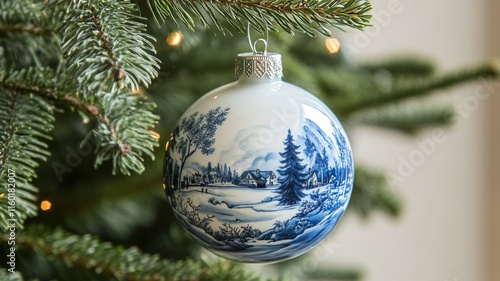 Blue and white winter scene Christmas ornament hanging on tree photo