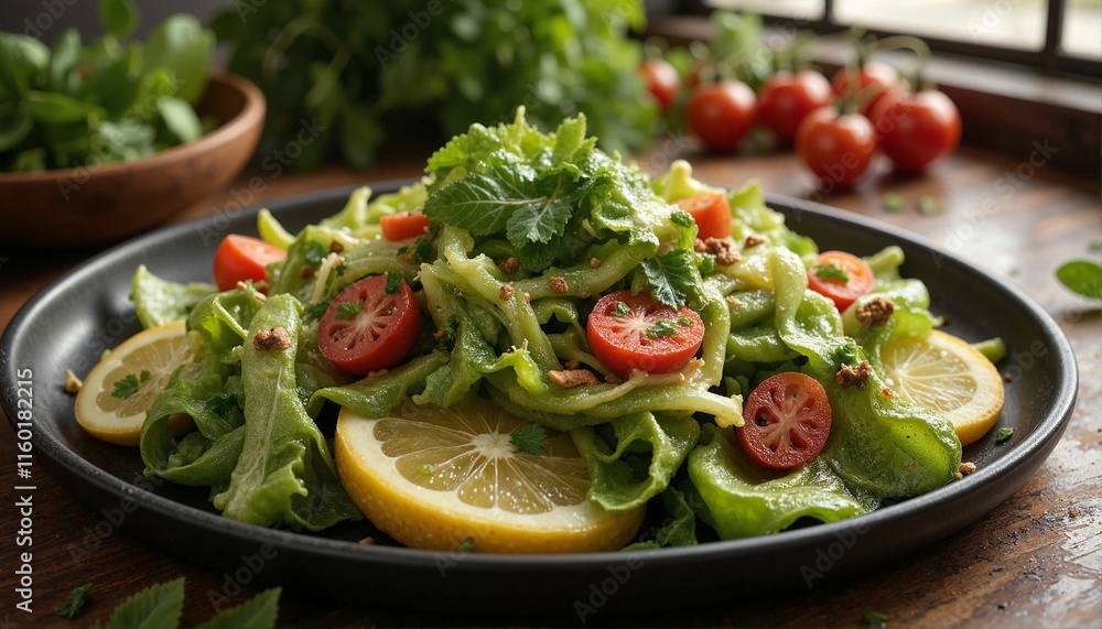 Vibrant fattoush salad with lemons and herbs on kitchen counter, fresh joy Vibrant fattoush salad with lemons and herbs on kitchen counter, fresh joy