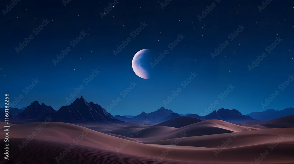 Crescent moon over desert mountains at night, starry sky, landscape, travel poster. Crescent moon over desert mountains at night, starry sky, landscape, travel poster.