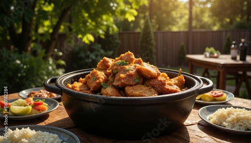 Spicy curry goat served on outdoor table, vibrant culinary experience