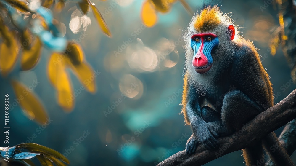 Fototapeta premium Mandrill monkey sitting on a branch in a forest.
