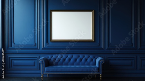 An antique art fair gallery frame on a royal blue wall at a museum or auction house. A blank template with white copyspace for a prototype design.  photo